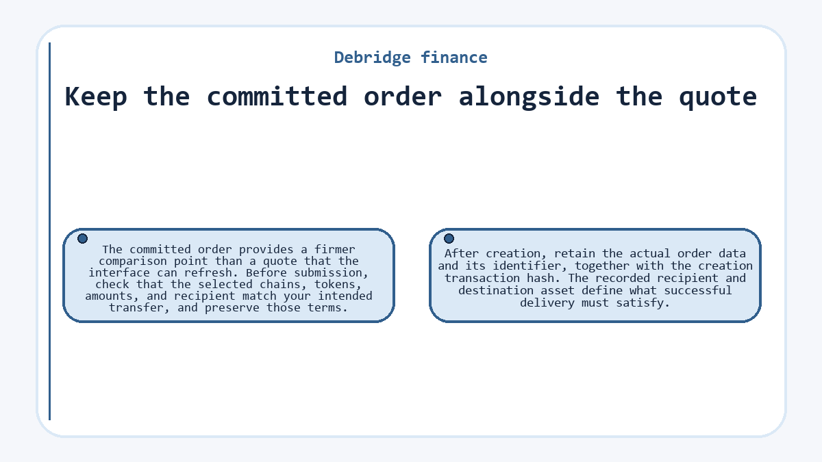Keep the committed order alongside the quote: The committed order provides a firmer comparison point than a quote that the interface can refresh. Before submission, check that the selected chains, tokens, amounts, and recipient match your intended transfer, and preserve those terms.; After creation, retain the actual order data and its identifier, together with the creation transaction hash. The recorded recipient and destination asset define what successful delivery must satisfy.