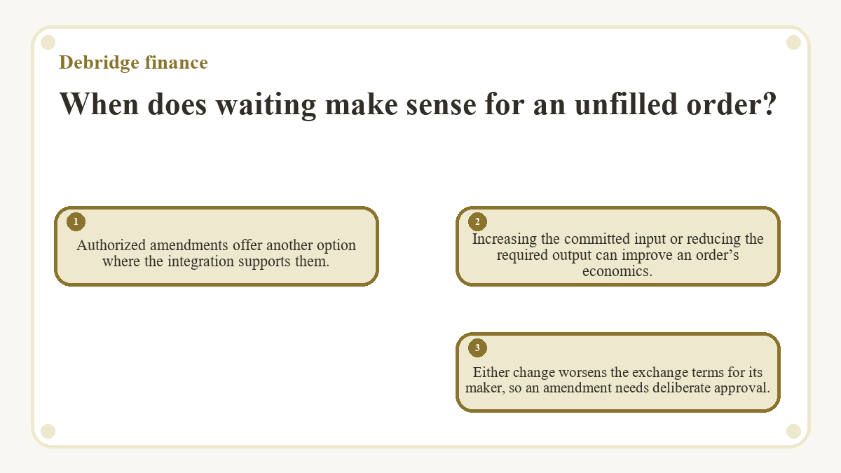 When does waiting make sense for an unfilled order?: Authorized amendments offer another option where the integration supports them.; Increasing the committed input or reducing the required output can improve an order’s economics.; Either change worsens the exchange terms for its maker, so an amendment needs deliberate approval.